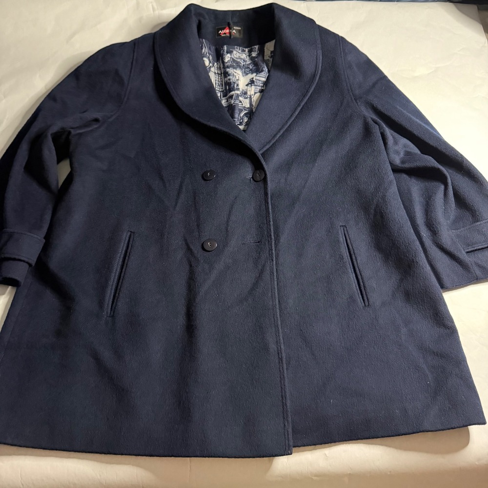ALORNA Vintage Double Breasted Wool Blend Coat Navy Blue Womens USA‎